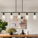 Dining Room Light Fixture Over Table, 5-Light Kitchen Island Lighting Hanging, Farmhouse Linear Chandelier for Dining Room, Matte Black Pendant Light Fixtures with Clear Glass Shade for Kitchen Island