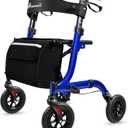 Rollator Walker for Seniors, Lightweight Foldable All Terrain Rolling Walker with seat, Aluminum Walkers with 8 inch Rubber Wheels, Handles and Backrest for Seniors and Adult (Blue)
