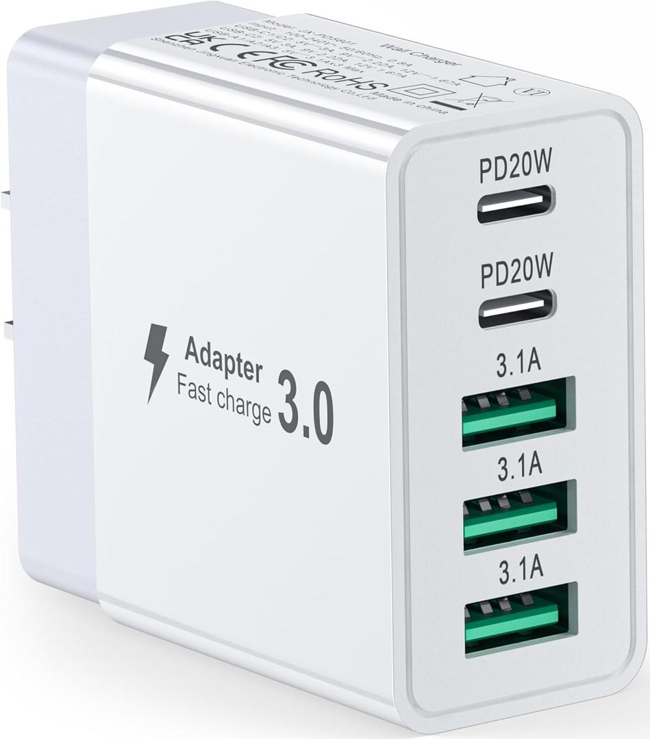 50W USB C Charger Block 5-Port Fast Charging Cube Type C Brick PD&QC Box Wall Plug Power Adapter for iPhone 16/15/14/13/12/11 All Series & iPad, Tablets, for Samsung, Android Cellphone