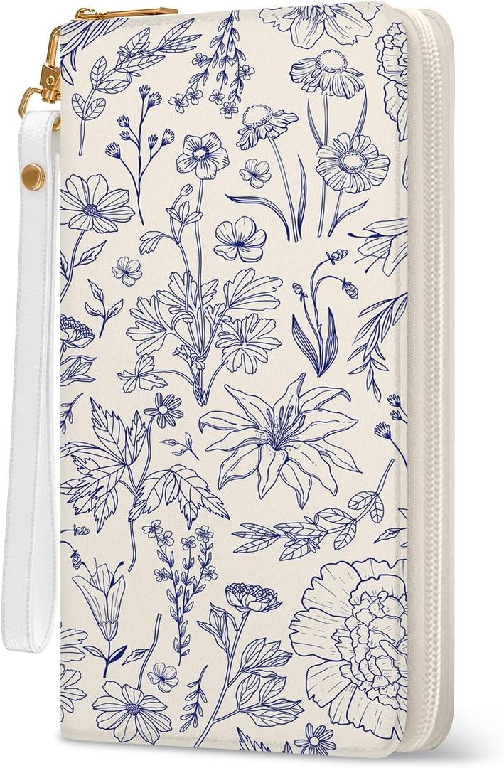 Blue Flower Women Wallet, RFID Blocking Credit Card Holder Wallet for Women Wristlet, Ladies Purse with Zip Around Phone Holder, Travel Large Capacity Wallets Hand Strap, Women's Clutch Organizer