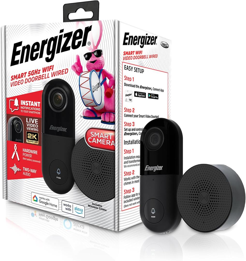 Energizer Smart 2K Doorbell & Chime, Wired Video Doorbell Security Camera, 2-Way Audio, Night Vision, Cloud & Micro SD Storage, Remote Access App, Motion Sensor, Live Viewing, Requires Existing Wires