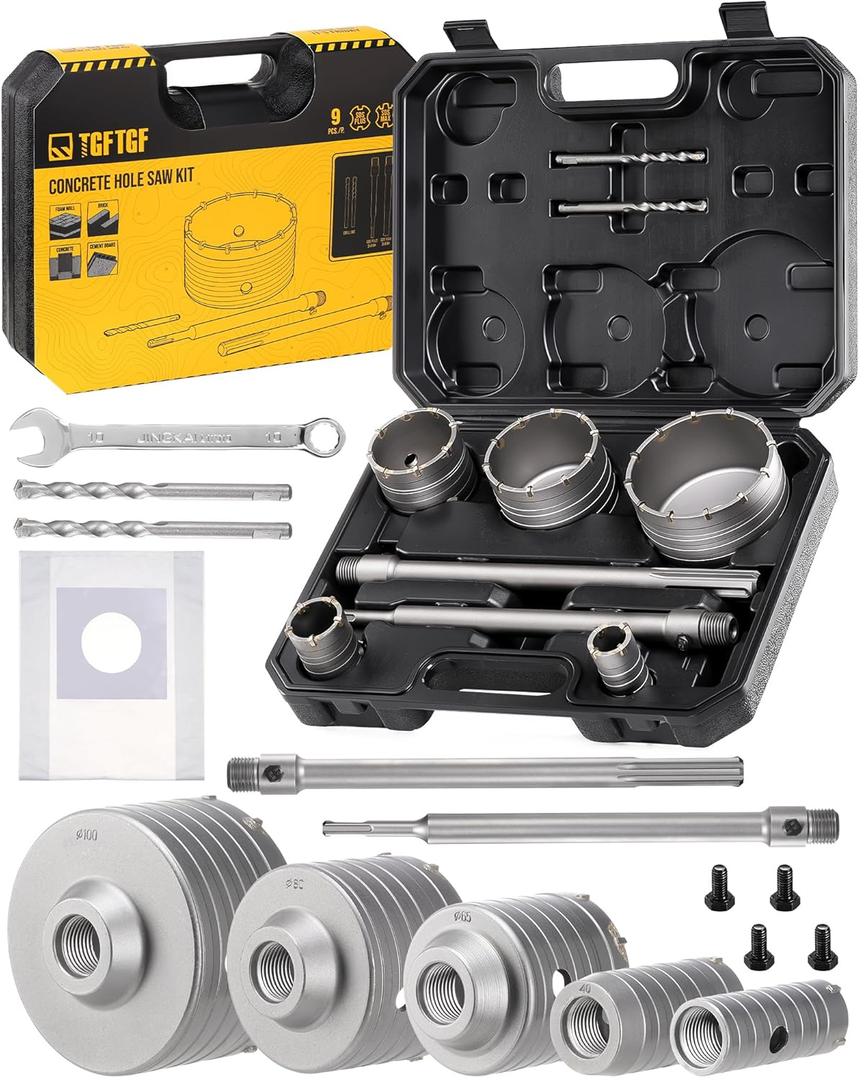 9PCS Concrete Hole Saw Kit, 30/40/65/80/100mm Tungsten Carbide Masonry Hole Saw Kit with 300mm SDS Plus & SDS Max Bit Shank Drill Bit Sets for Concrete, Brick, Stone, Cement, Tile,Wall Drilling (Black/Silver)