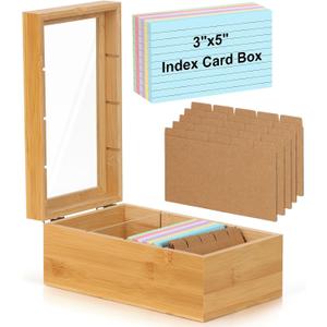 Bamboo Index Card Organizer - 3x5 Index Card Holder Box With Dividers - Wood Recipe Box With Lid - 4 Compartments For 1200 Cards - 5.9"W x 10"D x 4"H