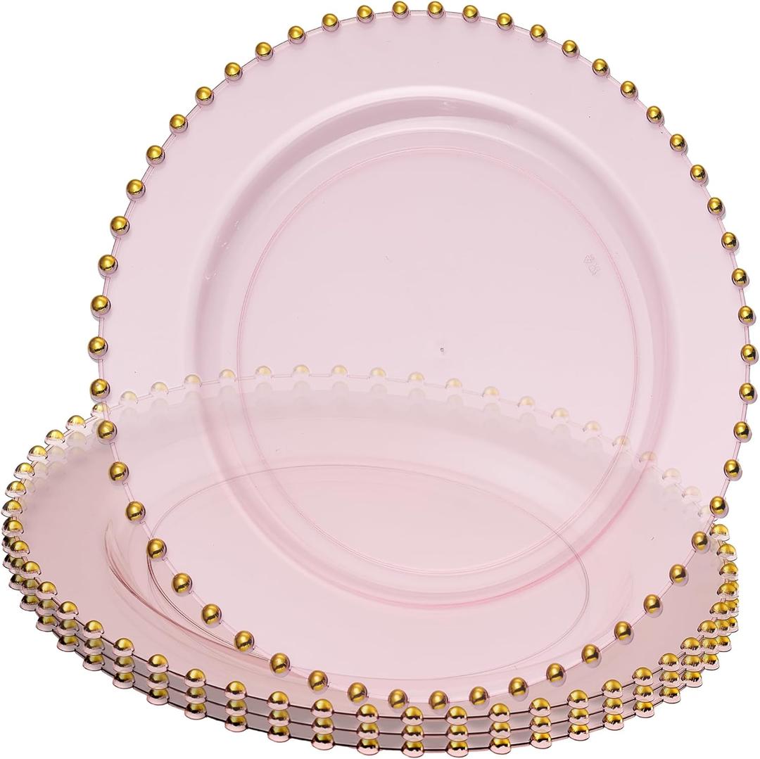 PLASTICPRO Translucent Pink with Gold Rim Plastic Charger Plates with Beaded Edge Pack of 4 13" Elegant Round Disposable Chargers for Weddings, Events, Parties, and Dinners