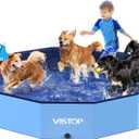 VISTOP Extra Large Foldable Dog Pool XXL, Hard Plastic Shell Portable Swimming Pool for Dogs Cats and Kids Pet Puppy Bathing Tub Collapsible Kiddie Pool (67inch.D x 11.8inch.H, Blue)