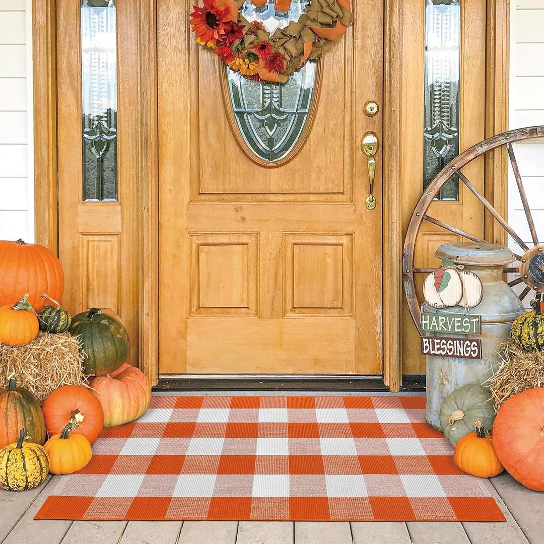 KOZYFLY Buffalo Plaid Rug 27.5x43 Inches Orange and White Checke Rug Halloween Fall Door Mat Cotton Washable Area Rugs Door Mat Outdoor Entrance for Front Porch Entryway Fall Farmhouse