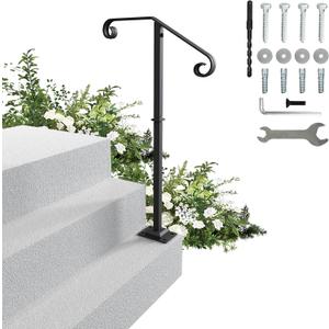 Handrails for Outdoor Steps-Single Post Wrought Iron Handrail for 1, 2 Step-Outdoor Stair Rail Handrails-38.9" H Black Wrought Iron Hand Rail Powder Coating for Concrete Steps or Wood Stairs
