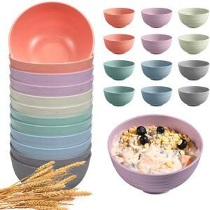 HEYCOME 12 Pcs Unbreakable Cereal Bowls Set, 26 Oz Wheat Straw Bowls Set, Microwave & Dishwasher Safe Bowls for Kitchen, Reusable Plastic Bowls for Soup, Salad and Snack, BPA Free, Multicolor