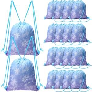 ReliThick 16 Pcs Snowflake Party Favor Gift Bags Blue and Purple Drawstring Backpack Snowflake Treat Goodie Bags for Winter Holiday Birthday Party Supplies