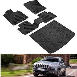 KIWI MASTER Floor Mats & Cargo Mat for 2014-2023 Jeep Cherokee (Not Grand Cherokee), Custom Fit All Weather Car Mats, Heavy Duty TPE Floor Liners, Front & Rear & Tray Trunk Mat Set, Black