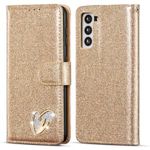 QLTYPRI for Samsung Galaxy S22 Wallet Case Bling Shiny Glitter Flip Folio Case Full-Body Protective Cover Card Slots Magnetic Closure Kickstand Wrist Strap for Women Girls S22 - Gold