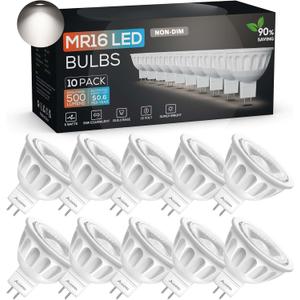 MR16 LED Bulbs 10 Pack, 5000K Daylight 500LM Lights (50W Equivalent), Non-Dimmable 40-Degree AC/DC 12V GU5.3 Bi-Pin Base, for Indoor/Outdoor Landscape Spotlight Track Recessed Lighting