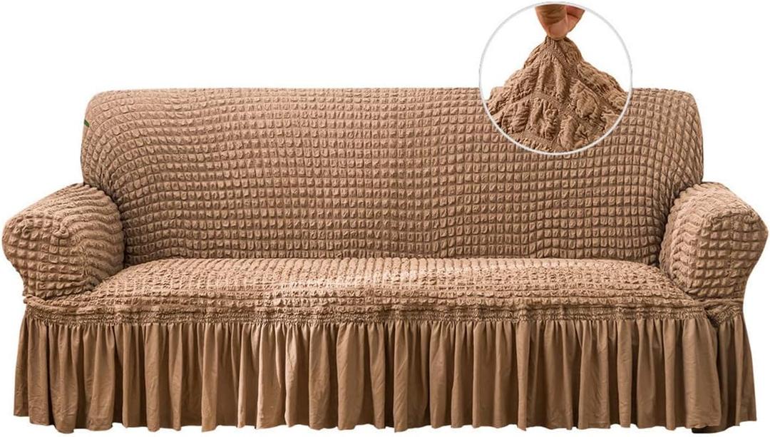Qubjus Stretch Sofa Slipcover Sofa Covers Washable Couch Sofa Bed Cover Easy Fit Furniture Protector with Elastic Bottom and Skirt (Brown, Extra Large)