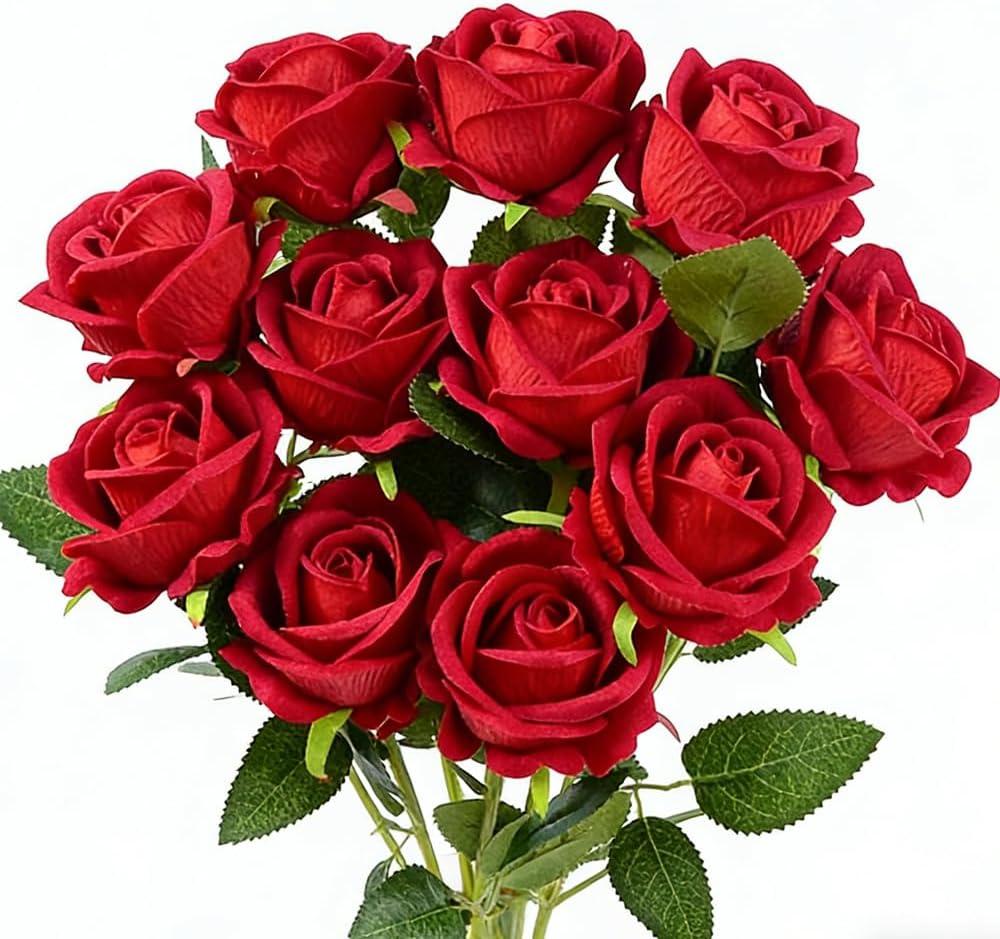 Jasion 12PCS Artificial Roses Realistic Velvet Silk Flowers Long Stem Faux Flowers Bouquet for Wedding Home Party Table Centerpieces Decorations (Red)