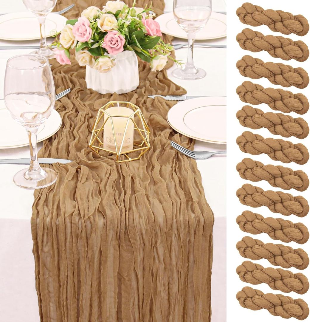 12 Pack 120 Inch Nude Cheesecloth Table Runner Boho Rustic Gauze Sheer Romantic 10 FT Long Cheese Cloth Table Runner for Bridal Baby Shower Wedding Party Birthday Holiday Home Easter Decor