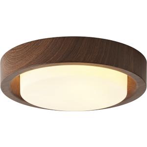 Walnut Wood Flush Mount Ceiling Light Fixture,16 Inch Ceiling Light with Frosted Glass Shade,High Deep Profile Round Ceiling Lights for Hallway Bedroom Closet Livingroom