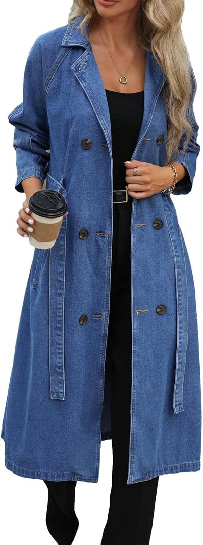 Womens Long Denim Jacket Plus Size Lapel Collar Long Sleeve Trench Coat Button Down Over Knee Tunic Outerwear (Large, Blue)