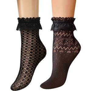 Lace Ruffle Frilly Socks for Women Fashion Ladies Princess Lace Ankle Socks | Elegant,Soft, Fishnet design,Delicated Ruffled Lace Trim (Black, XL)
