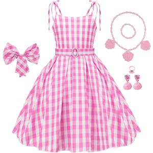 Girls Pink Gingham Costume Dress Movie Cosplay Dress up Kids Birthday Party Halloween Outfits with Accessories (3-4 Years)