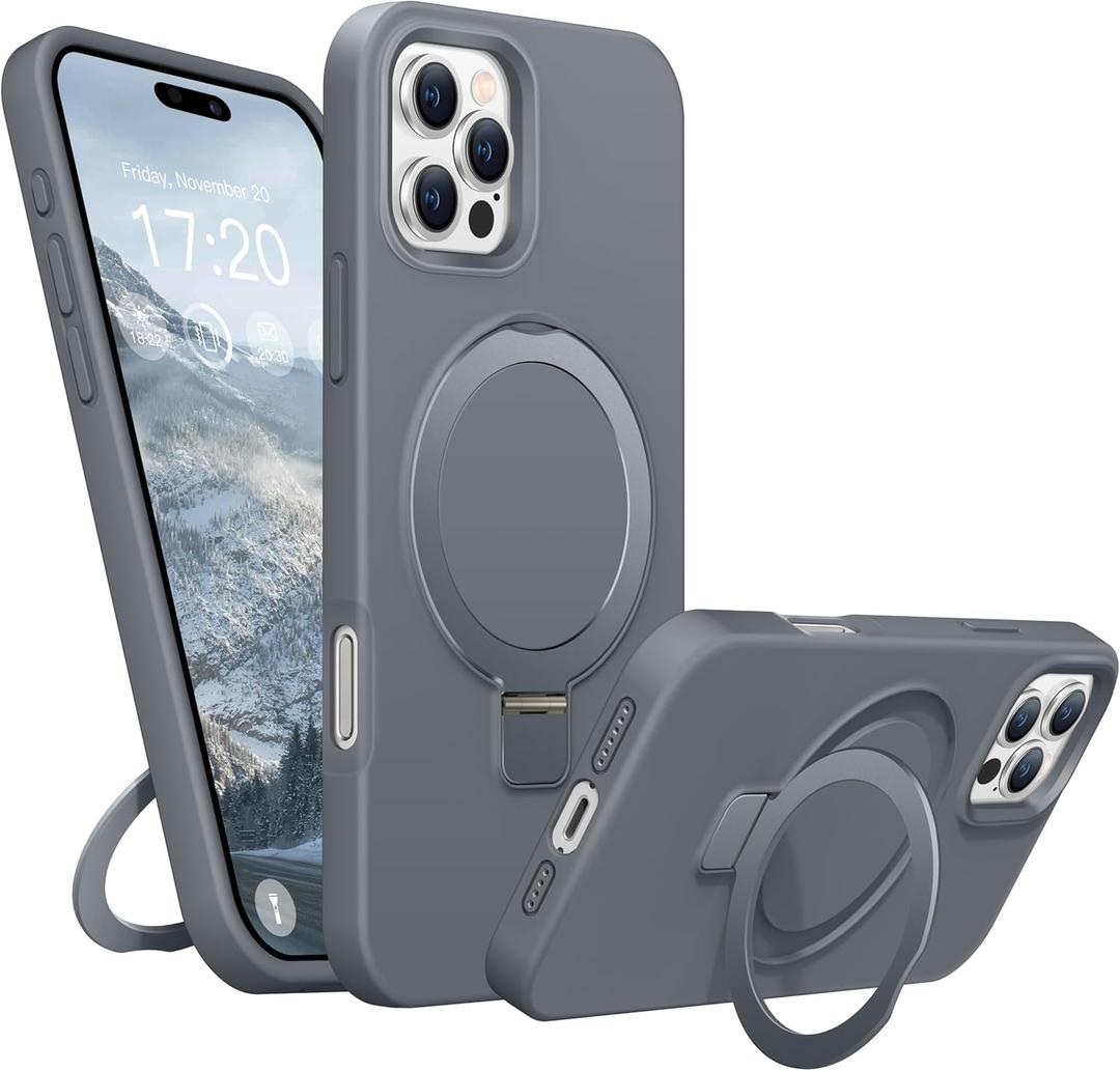 Liquid Silicone Case for iPhone 16 Pro Max with Magnetic Ring Stand, Military Grade Shockproof Protection, Anti-Scratch Microfiber Lining Covers for iPhone 16 Pro Max, Grey