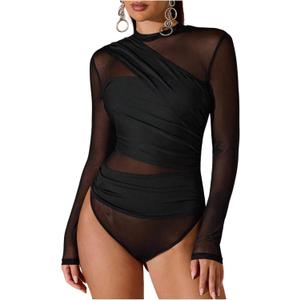 SweatyRocks Women's Sheer Mesh Bodysuit Ruched Mock Neck Long Sleeve Fitted Leotard (Black, XS)