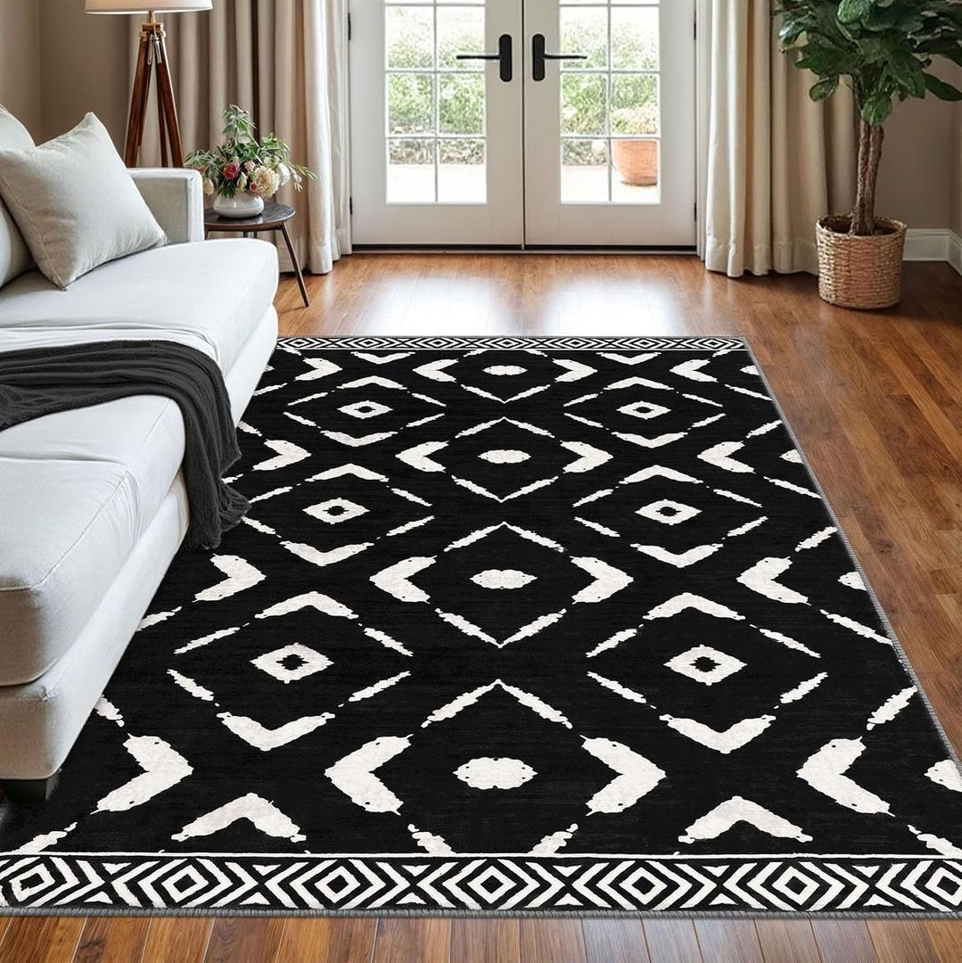 KILOCOCO Living Room Rug 5x7 Area Rug Printed Boho Washable Bedroom Rugs Non Slip Soft Large Moroccan Rubber Backed Indoor Rugs for Dining Room Office Farmhouse Geometric Carpet, Black