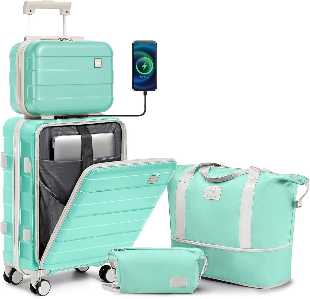 imiomo Carry on Luggage Airline Approved, Lightweight Hard Shell Carry-on Suitcase, 20 Inch Travel Luggage with Spinner Wheels and USB Port, Green (4 piece set (BD/TB/13/20))