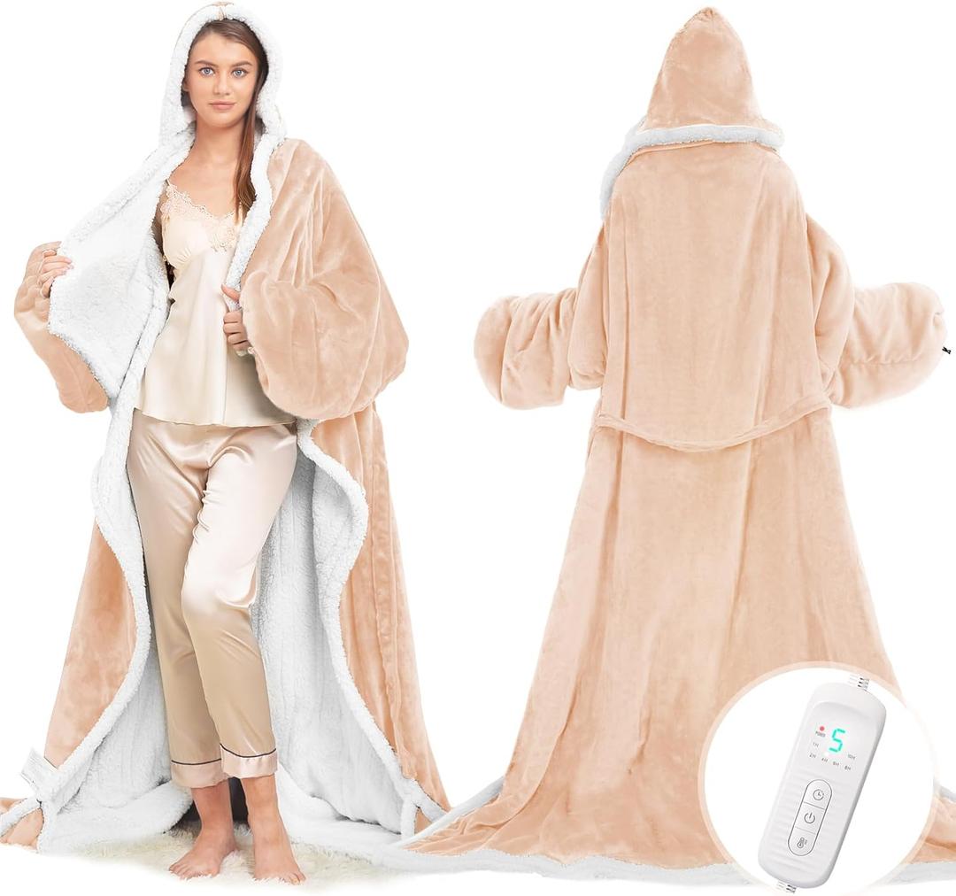 Wearable Heated Blanket with Foot Pocket, Electric Wearable Throw Blanket with Sleeves, Hood, Portable Heated Blanket with 8 Heat Settings, 1-10 Hours Auto Shut-off, Gift for Family, Friends, 50*70" (Beige)