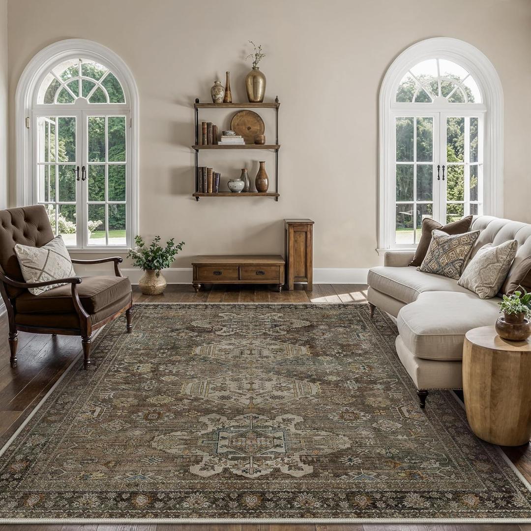 Bavni Washable Rugs 8x10 Area Rug for Living Room Bedroom, Print Vintage Aesthetic Chenille Carpet Rug, Ultra-Thin Low Pile Rugs for Dining Room Home Office with Non Slip Backing, Sage
