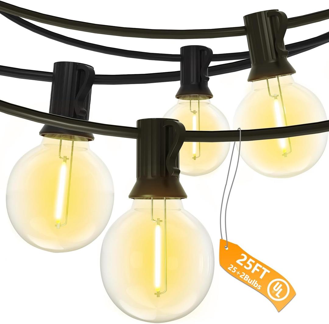 SUNSGNE G40 LED Globe Outdoor String Lights Waterproof Shatterproof, 25FT Outdoor Globe Lights with 25 LED Plastic Clear Light for Caf Bistro Porch Pergola Tents Balcony Decor, Black Wire (Warm White-Black)