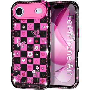 Btscase Compatible with iPhone Air Case 6.5 Inch 2025,Marble Pattern 3 in 1 Heavy Duty Shockproof Full Body Rugged Hard PC+Soft Silicone Drop Protective Women Girl Phone Cases, Black Pink