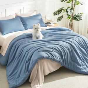 Litanika Comforters Queen Size Set Grayish Blue, 3 Pieces Lightweight Solid Bedding Comforter Set, All Season Fluffy Bed Set (90x90In Comforter & 2 Pillowcases)