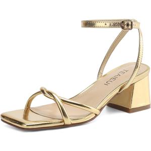TEAIEUI Chunky Heels for Women, Square Toe Strappy Heeled Sandals, 2 Inch | Adjustable Ankle Strap Shoes, Comfortable Low Block Heel Shoes for Daily Wear, Dress, Party, Prom, Cocktail, Gold, Size 6.5 (Gold)
