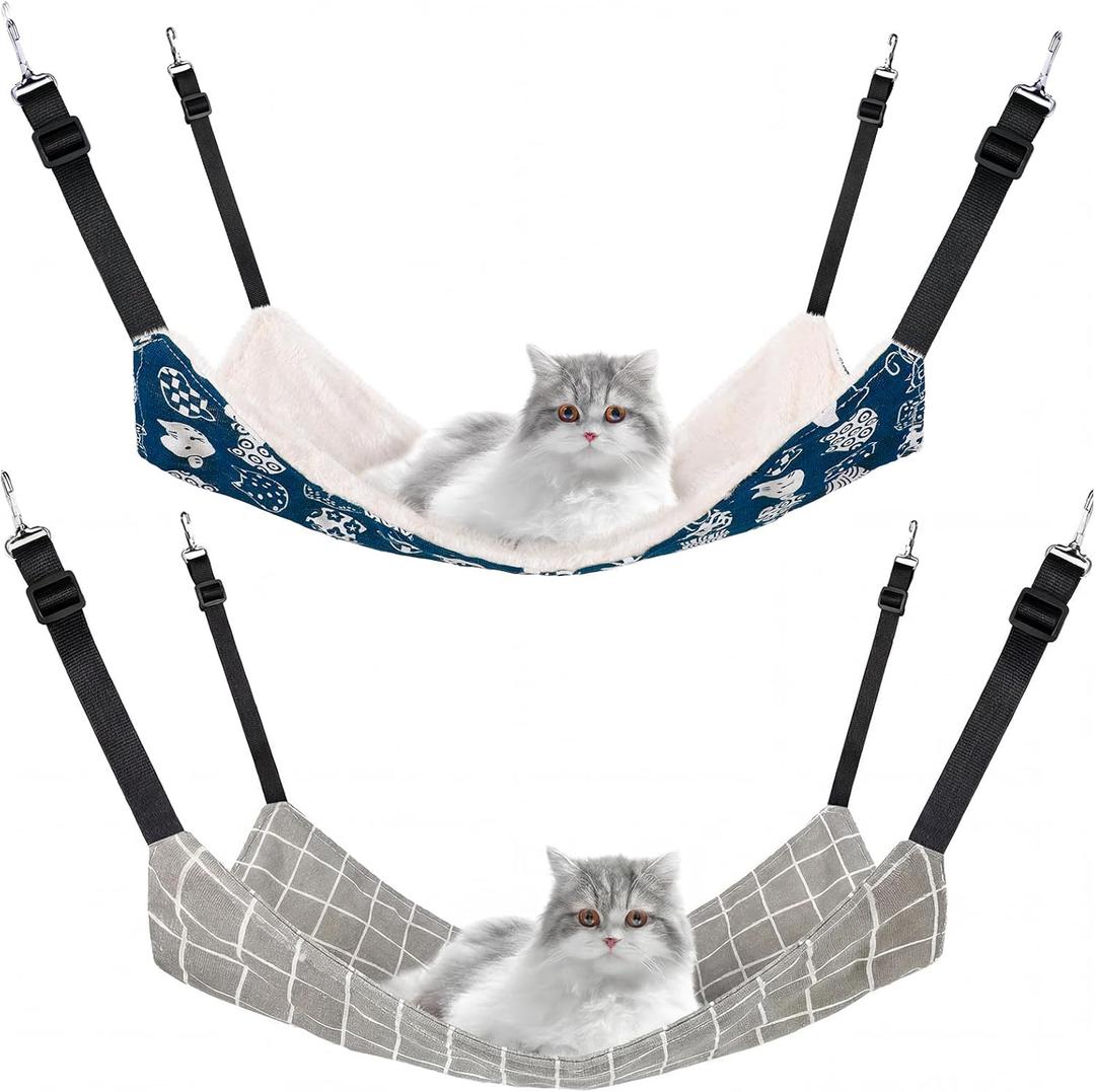 Jetec 2 Pack Cat Hammock for Cage, Catio Accessories Reversible Soft Cats Bed with Adjustable Straps and Hooks Double-Sided Linen and Fleece Hanging Hammock for Cats, Kitten(Cat and Plaid,Large)