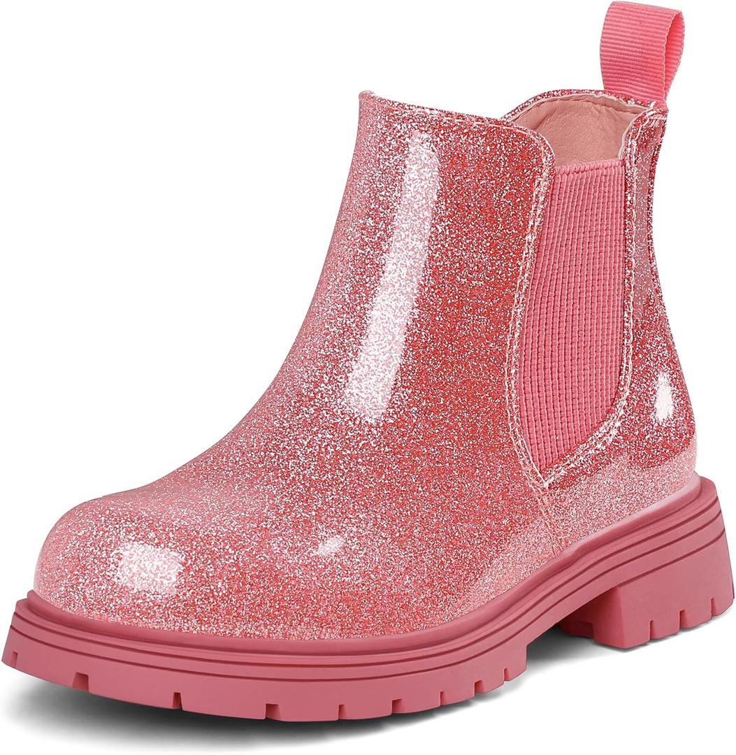 K KomForme Girls Glitter Ankle Boots Side Zipper Chelsea Booties Lug Sole (Toddler/Little Kids/Big Kids) (13 US, Pink