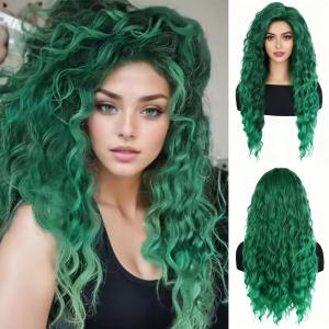 Long Curly Wavy Green Wig for Women Natural Ombre Fluffy Synthetic Hair for Costume Cosplay Halloween Party