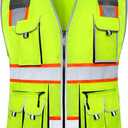 JKSafety 10 Pockets Class 2 Hi-Vis Zipper Front Yellow Safety Vest | Cushioned Collar | High Reflective Tapes with Extended Neon Orange Strips | Meets ANSI/ISEA Standards (X-Large, 89-Yellow)