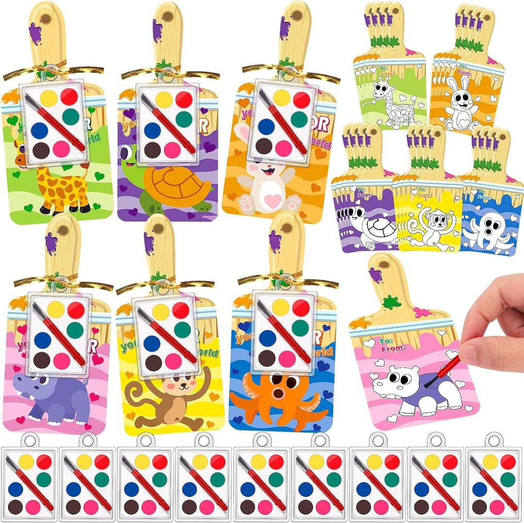 ABERLLS Valentines Day Cards for Kids School, 24 Pack Watercolor Paint Sets with Greeting Cards, Valentines Day Gifts for Kids Classroom Exchange Gifts, Valentine Party Favors for Boys and Girls