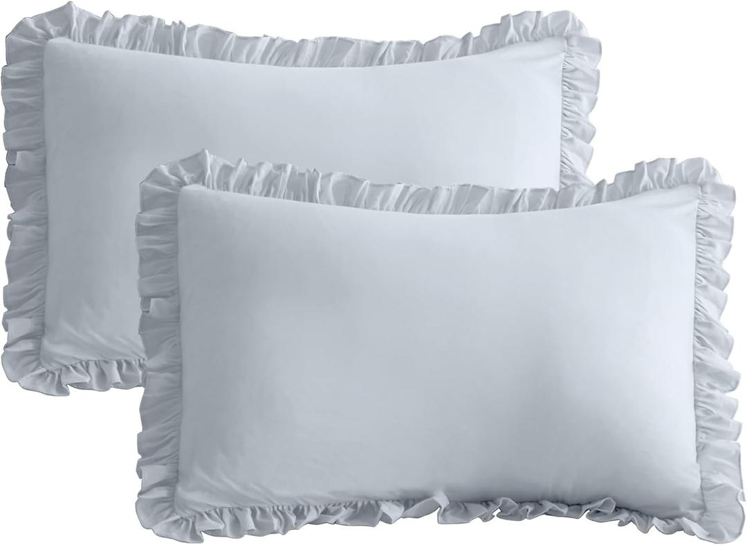 QSH Light Blue Ruffled Pillow Shams Queen Size Set of 2, Shabby Farmhouse Pillow Cases 20"x30", Boho Chic Bedding Pillow Covers Queen Ultra Soft and Breathable Microfiber Pillow Sham