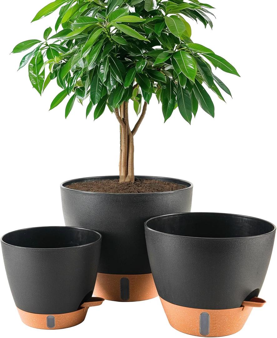 Fielda 8/10/12 Inch Self Watering Pots for Indoor/Outdoor Plants - Large Plastic Planter with Drainage Holes, Water Level Indicator & Deep Reservoir, Modern Decorative Flower Pots (Black)