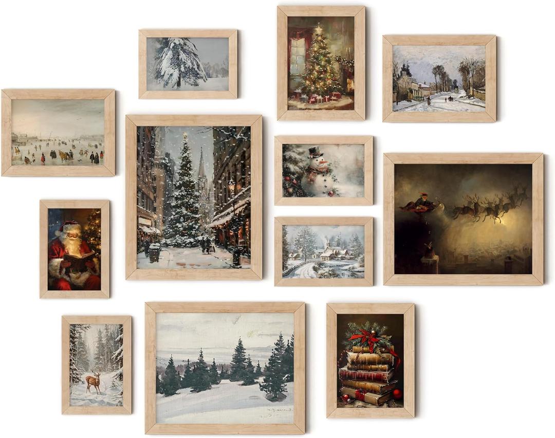 TwoDays Vintage Christmas Wall Art, Moody Winter Xmas Aesthetic Poster for Room Decor, Santa Reindeer Pine Tree Gallery Painting Artwork Prints (8" X 10" Largest, Set of 12, Wooden Framed)