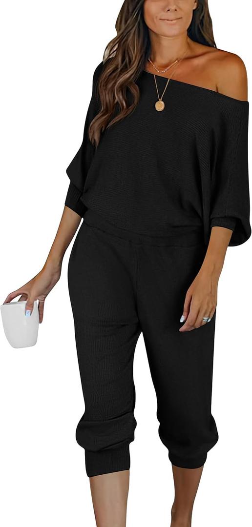 PRETTYGARDEN Two Piece Sets for Women 2026 Casual Ribbed Knit Off Shoulder Tops Lounge Pants Fall Tracksuits Winter Clothes (Large, Black)