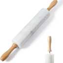 Koville White Marble Rolling Pin With Wooden Handles & Wood Cradle, 18 Inch Polished Marble Rolling Pins For Making Pizza Dough, Dough Roller For Pie Crust, Cookie, Pasta, Ergonomic Handles (Namib Fantasy White)