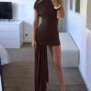 Ophestin Women's Sleeveless Ruched Bodycon Mini Dress Irregular Sexy Elegant Flowy Cocktail Party Club Dresses, L (Brown)