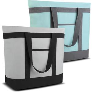 CIVJET 2PK Insulated Cooler Tote Bags, Soft Totes with Top Zipper and Sided Pockets for Food Delivery, Grocery Shopping, Travel & Beach, Large Leak Proof Thermal Bag for Frozen Foods, Reusable (One Size, Grey & Green)