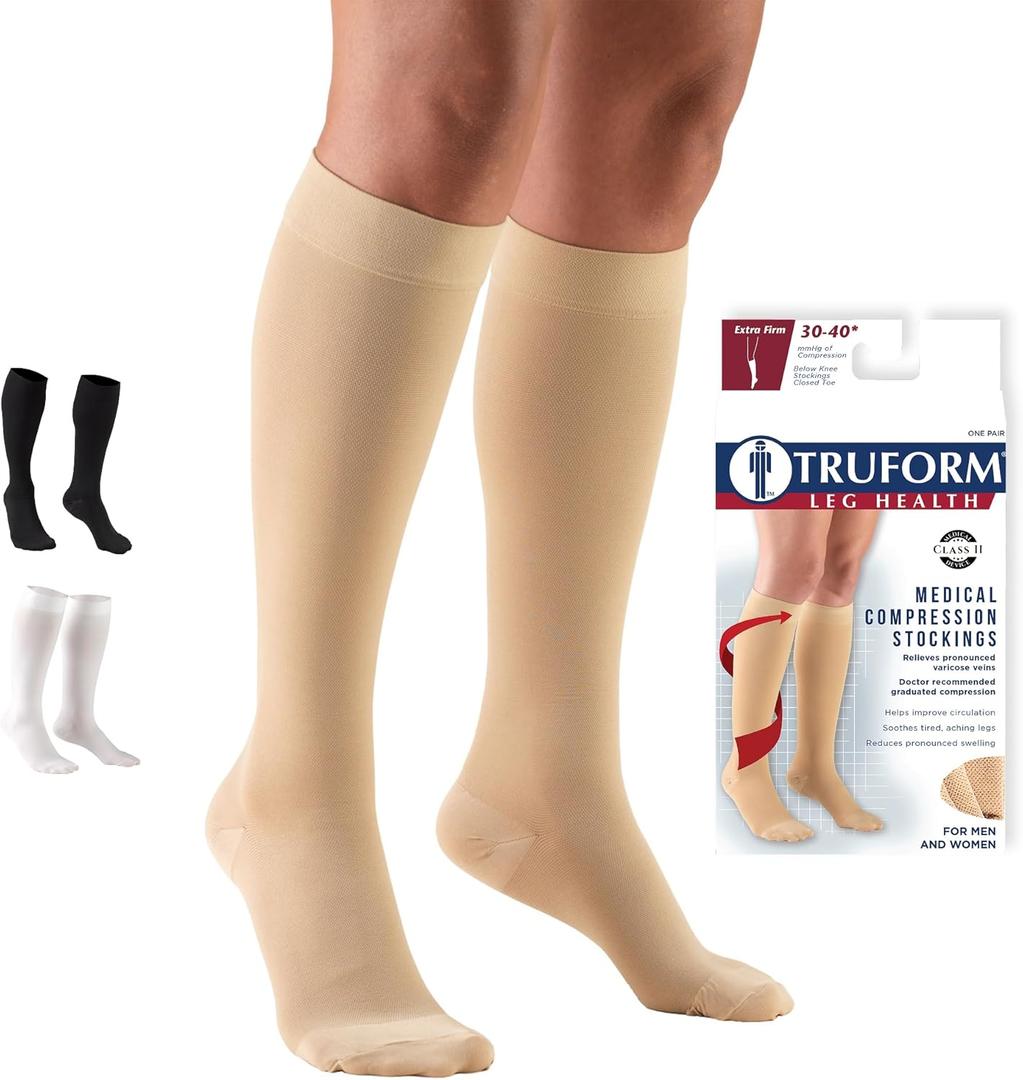 Truform 30-40 mmHg Compression Stockings for Men and Women, Knee High Length, Closed Toe, Beige, Large  