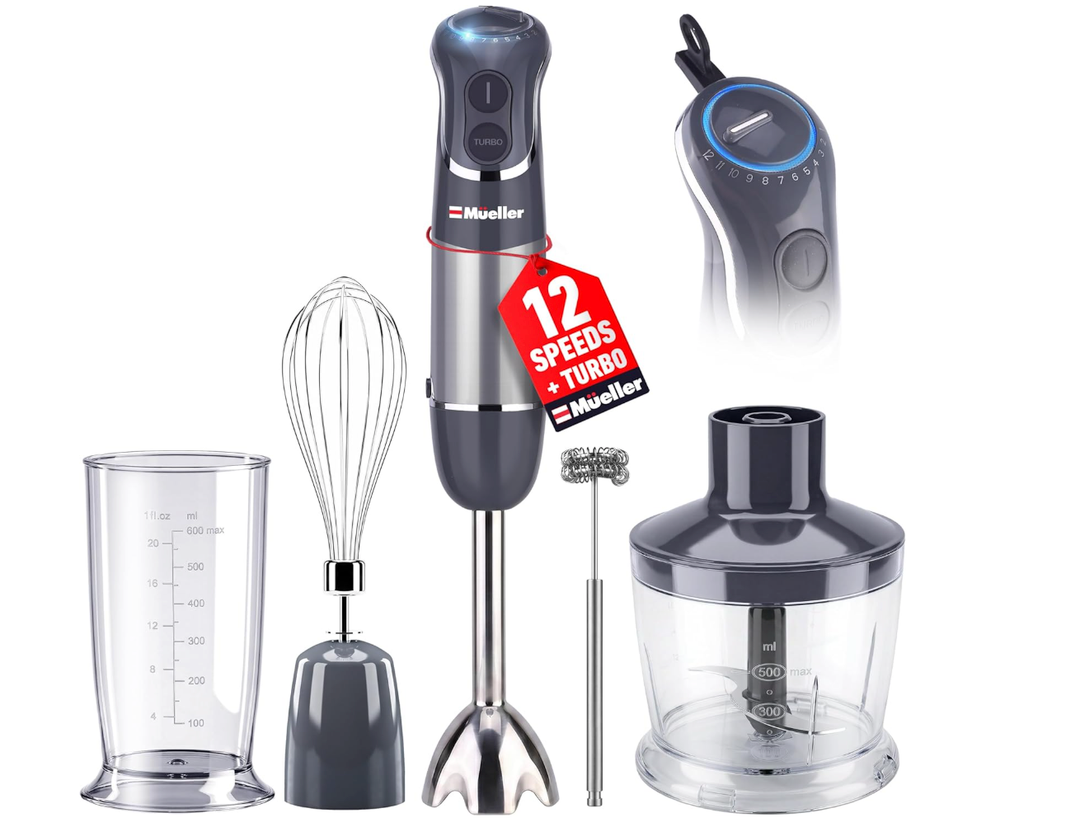 Mueller Multistick 5-in-1 Immersion Blender Handheld,12 Speed Hand Mixer-Turbo Boost,Heaviest Duty Copper Motor,Titanium reinforced Blades Hand Blender,Milk Frother Wand,Whisk,Beaker,Chopper,Grey