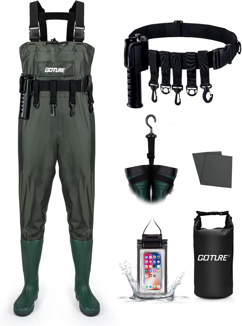 Fishing Chest Waders for Men with Boots, 2-Ply Nylon/ PVC Waterproof Lightweight Breathable Hunting Fly Fishing Waders with 3 Buckles for Women