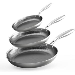 COOKER KING Non-toxic Frying Pans Set of 3 (8+10+12 Inch), Tri Ply Stainless Steel Pans, Induction Pan Set, Chef's Pan, Skillets Dishwasher & Oven Safe, Stay-Cool Handles, Compatible with All Cooktops