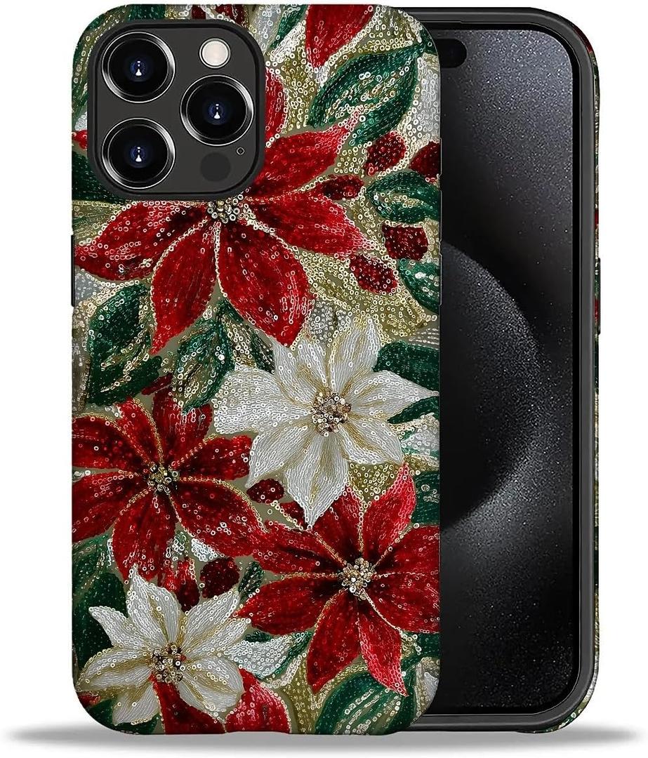 Case for iPhone 16 Pro Max, PC Hard Shell & Silicone Inner Bumper, Anti-Scratch Full-Body Cover Shockproof Slim Design -Christmas Florals Faux Mosaic